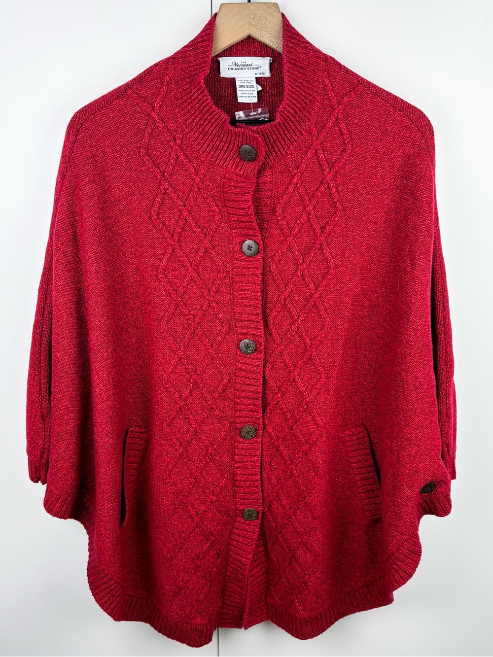 Vintage Wool Blend Red Cape Poncho Sweater Shawl Button Front NEW Autumn Nordic